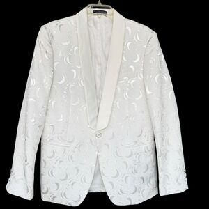 YFFUSHI Blazer Mens Medium White Jacquard Tuxedo Jacket Rose Pattern Shawl